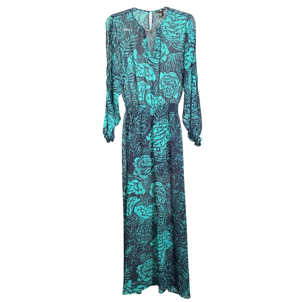 H&M Women Teal Navy Floral Chiffon Maxi Dress Size 6 Metal Bar VNeck Long Sleeve - Picture 2 of 9